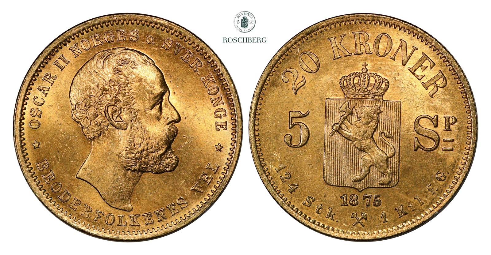 20 Kroner / 5 Sp. 1875 Kv 0/01 (UNC)