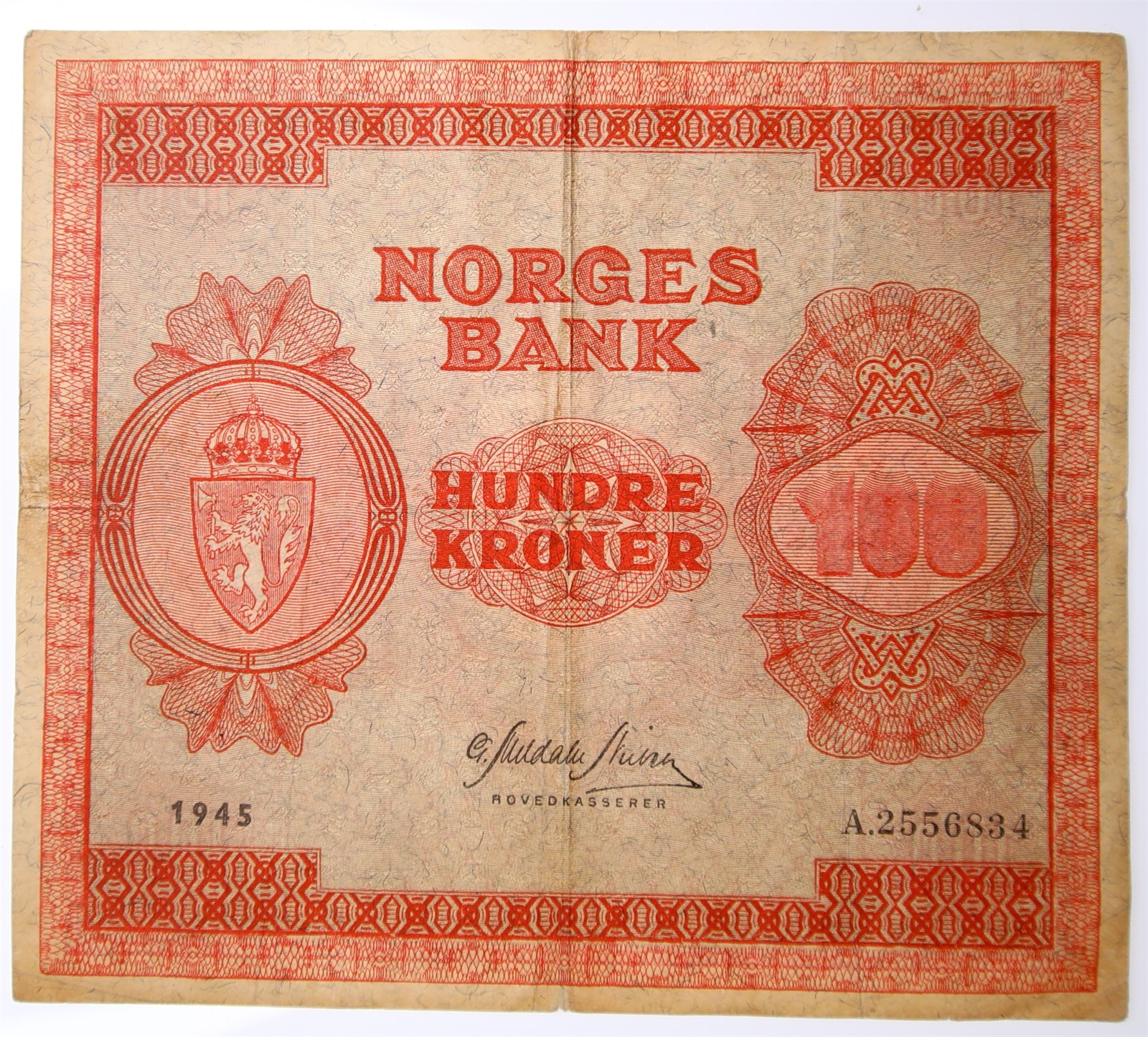 NORWAY. Type 3. 100 Kroner 1945-A. Kv 1- (F).