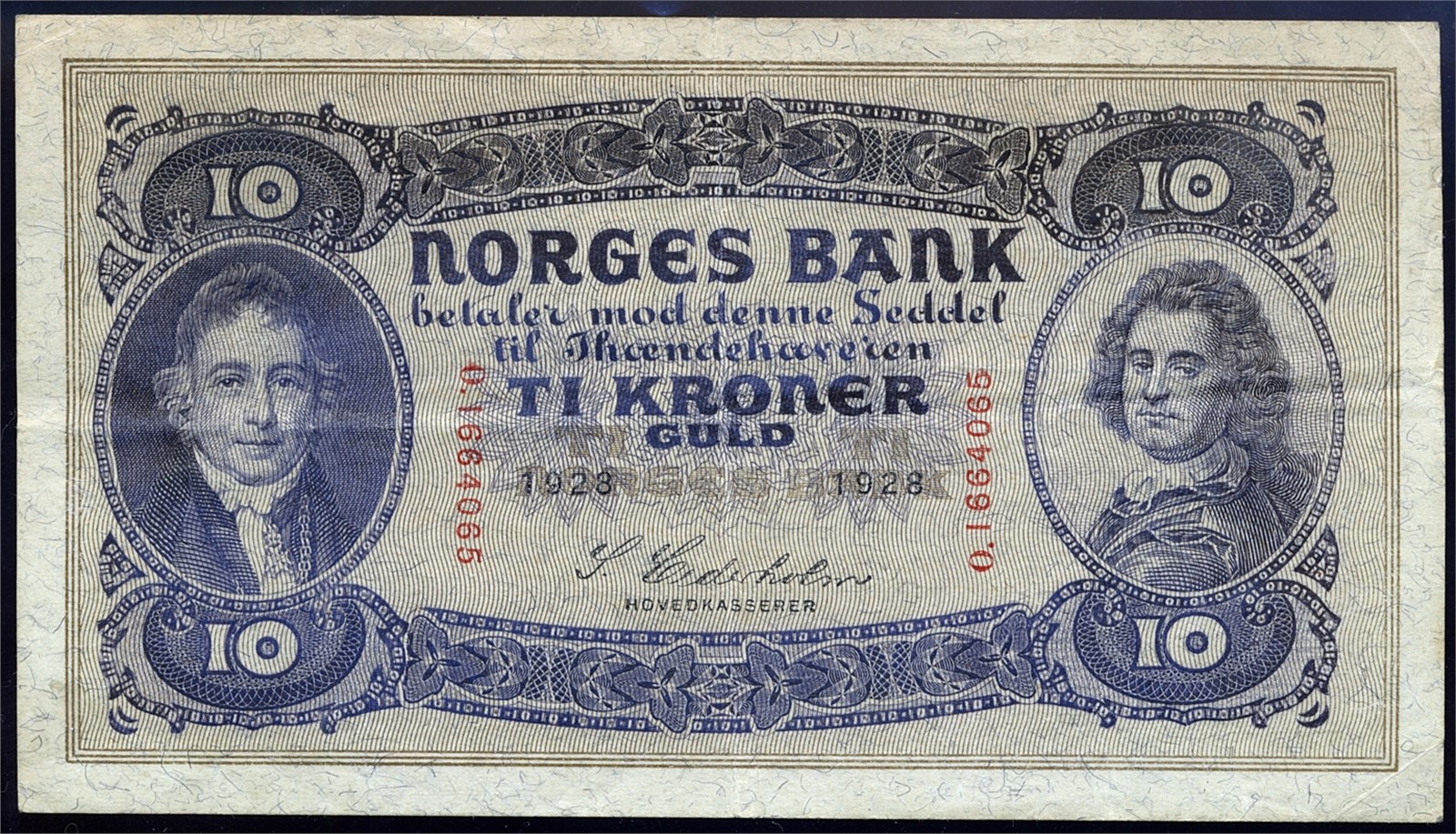 10 Kroner 1928-O. Kv g1 (VF).