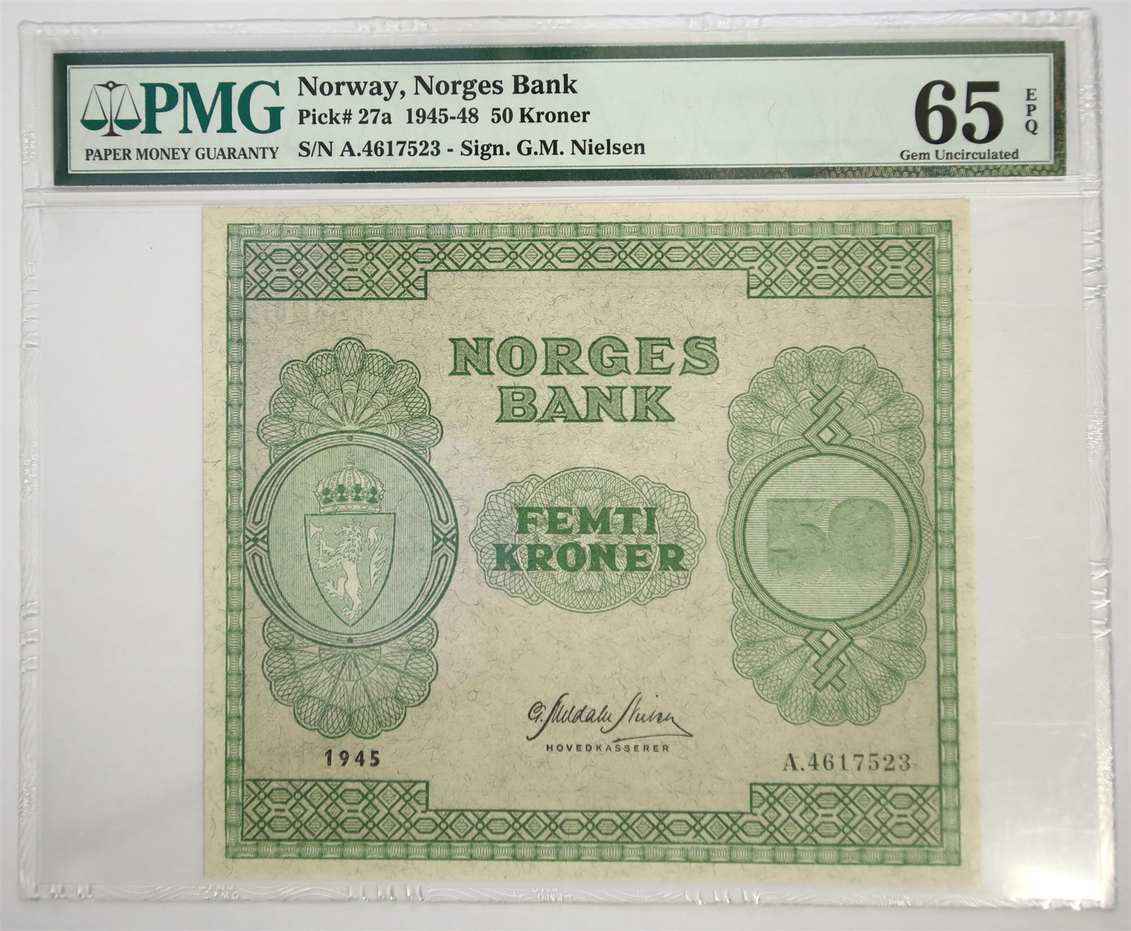 NORWAY. Type 3. 50 Kroner 1945-A. Kv PMG 65EPQ.
