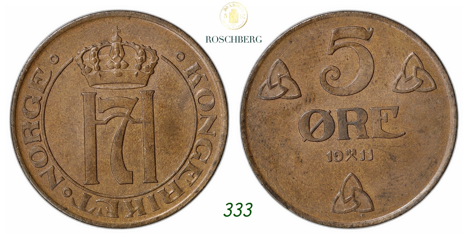 NORWAY. Haakon VII. 5 Øre 1911.