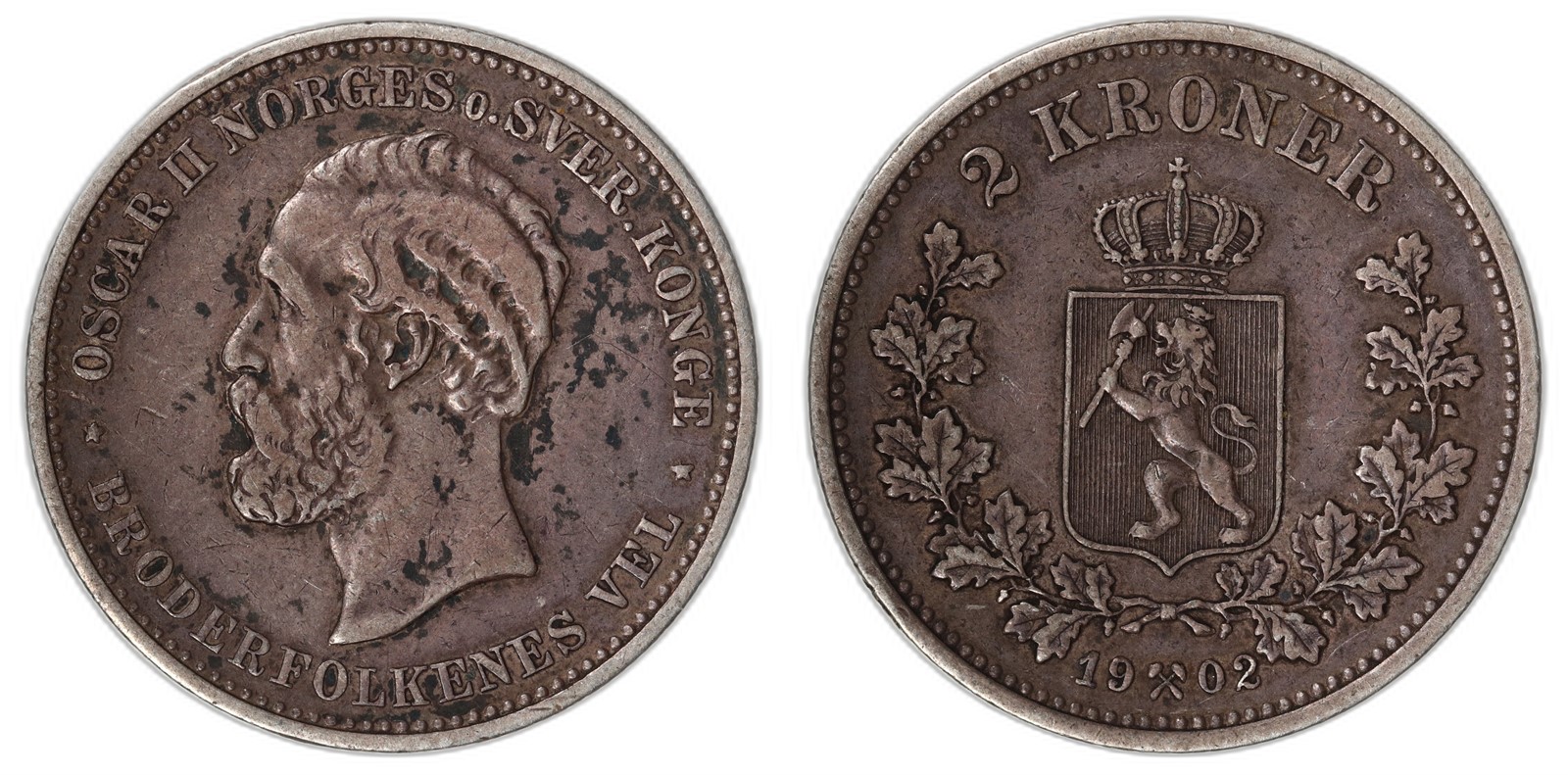 NORWAY. Oscar II. 2 Kroner. 1902. Kv 1+ (VF).