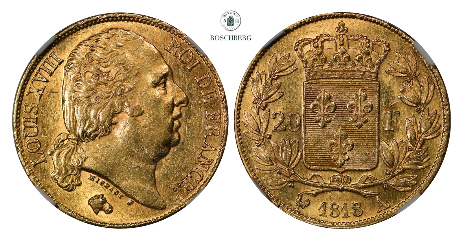 FRANCE. 20 Francs 1818-A NGC MS62