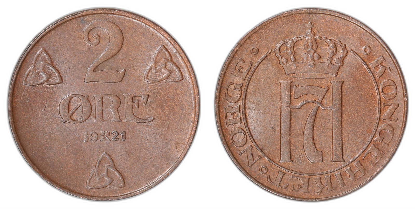 NORWAY. Haakon VII. 2 Øre 1921. Kv 0 (UNC).