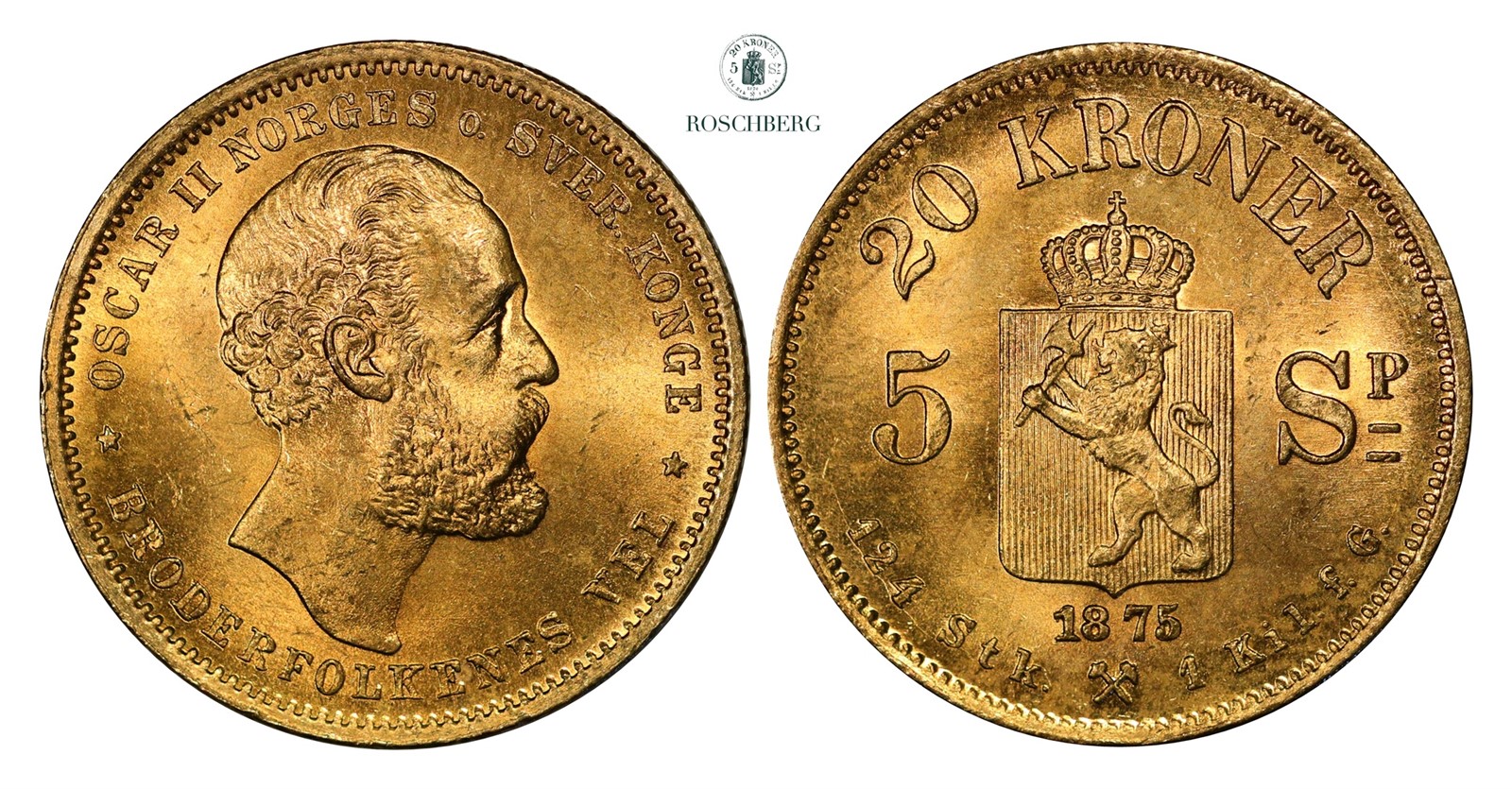 20 Kroner / 5 Sp. 1875 Kv 0/01 (UNC)