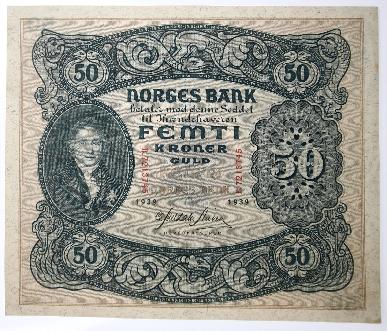 NORWAY. Type 2. 50 Kroner 1939-B. Kv 1+ (XF).