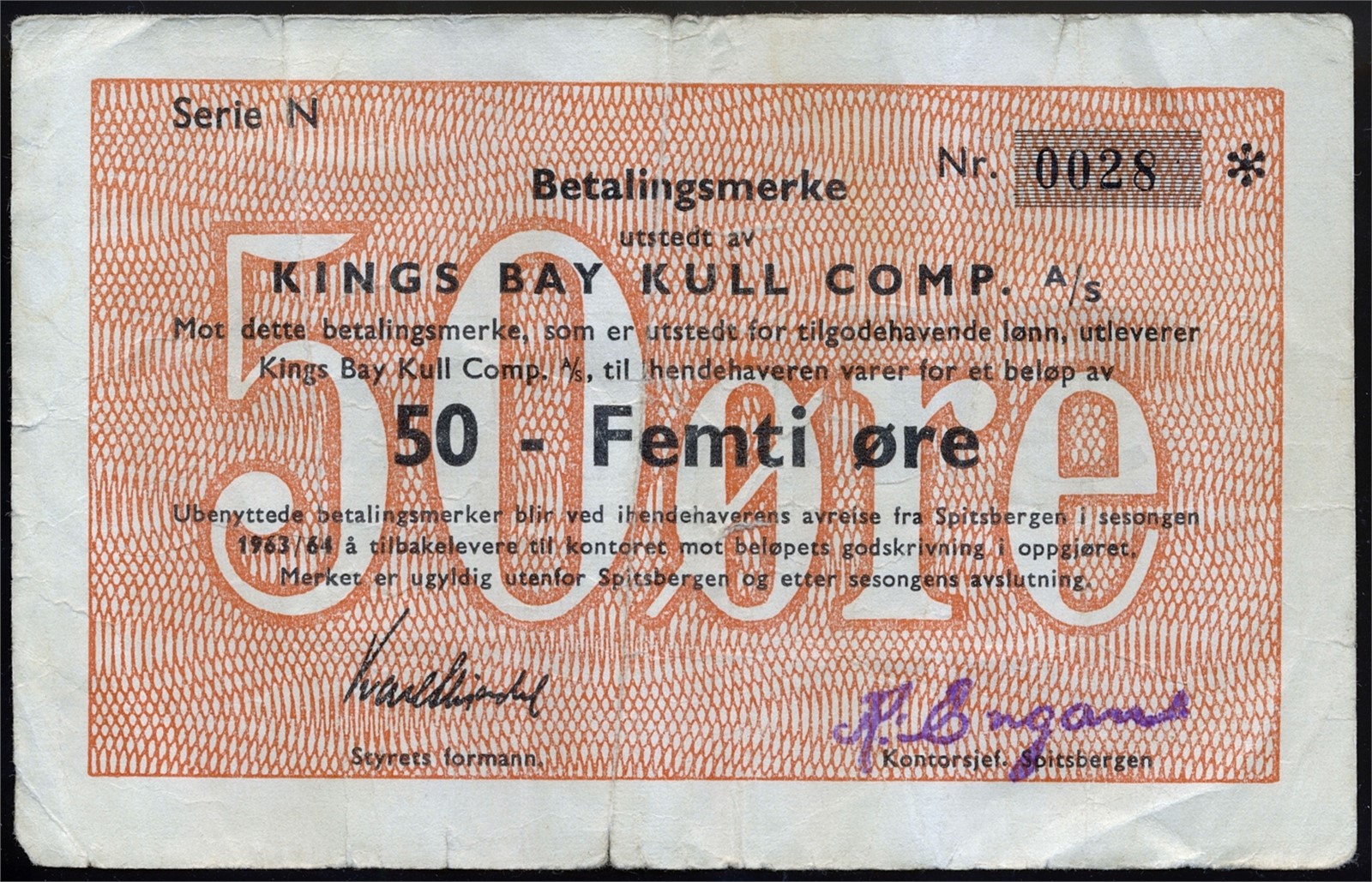 Kings Bay Kull Comp A/S. 50 Øre 1963/64 Serie N. Kv 1- (F).