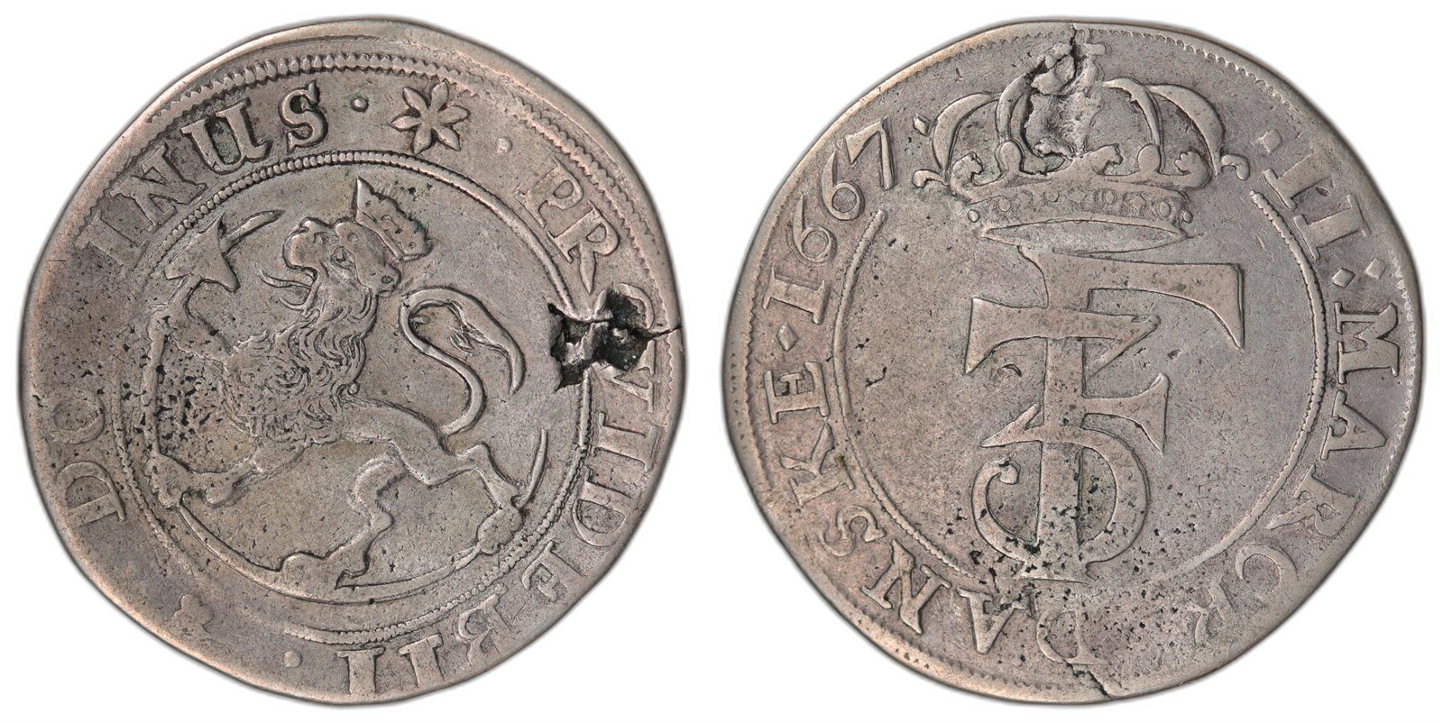 NORWAY. Fredrik III. 2 Mark 1667. Kv 1 (VF).