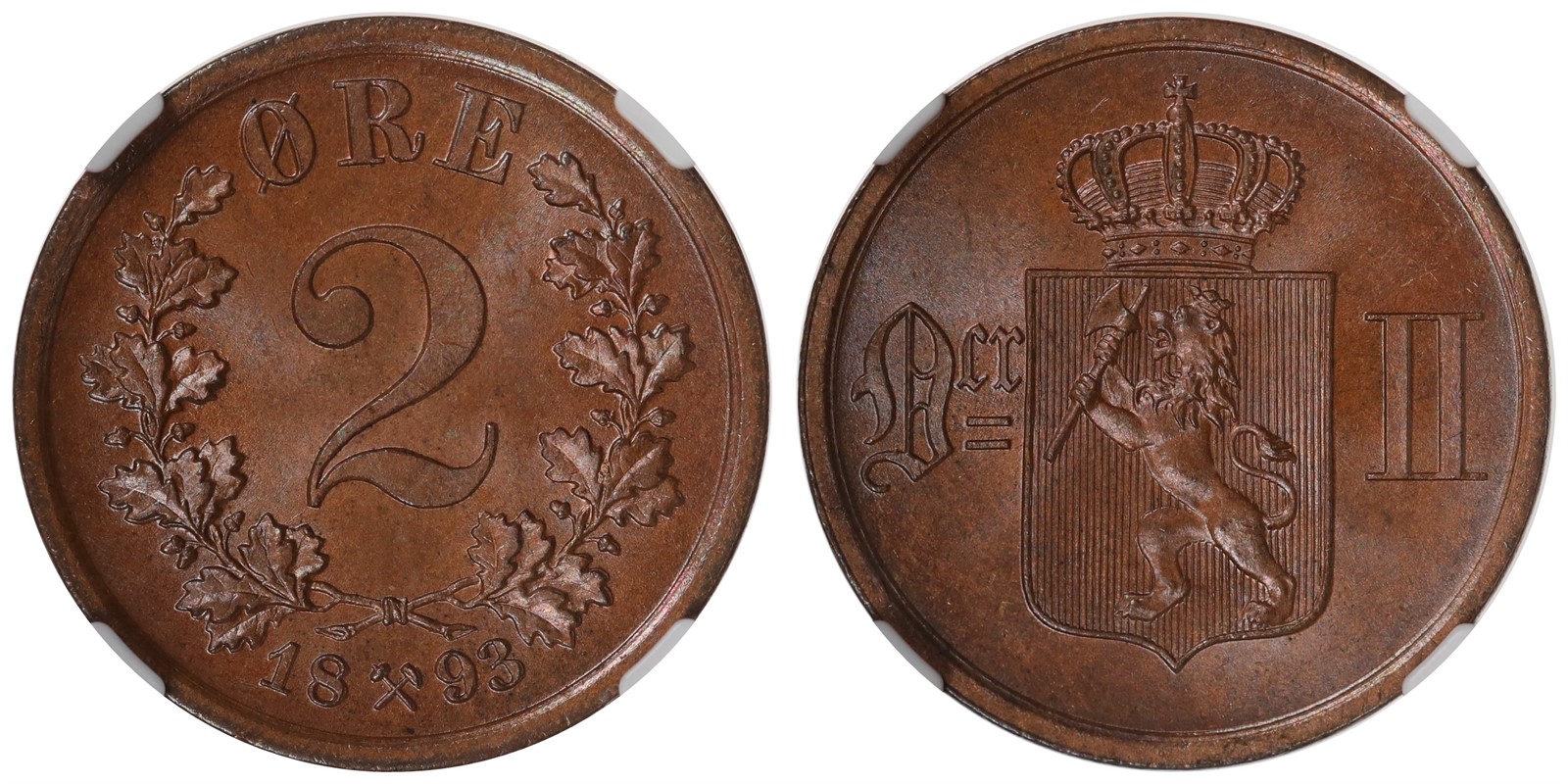 NORWAY. Oscar II. 2 Øre. 1893. NGC MS66BN.