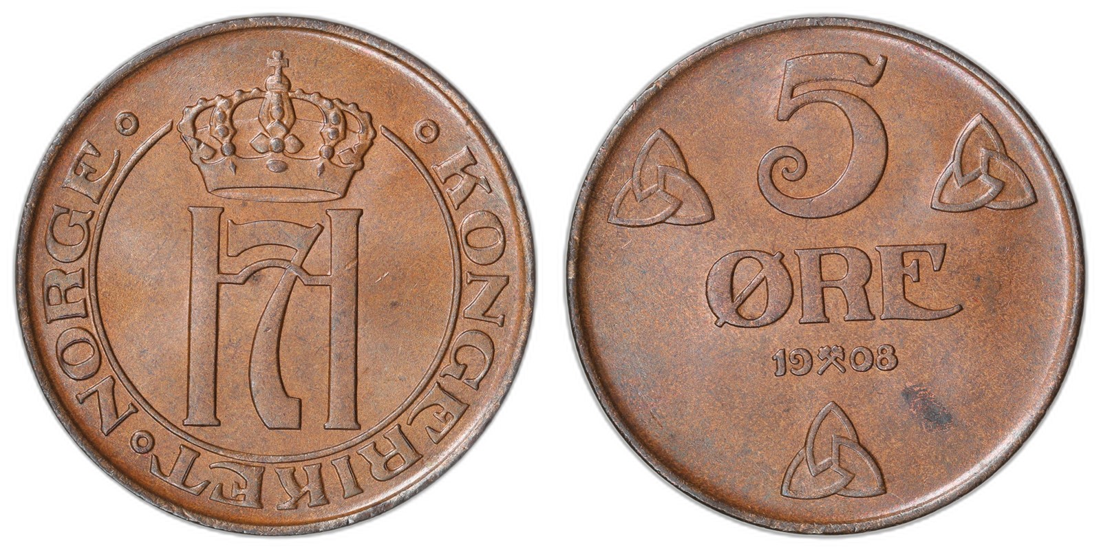 NORWAY. Haakon VII. 5 Øre 1908. Kv 0 (UNC).