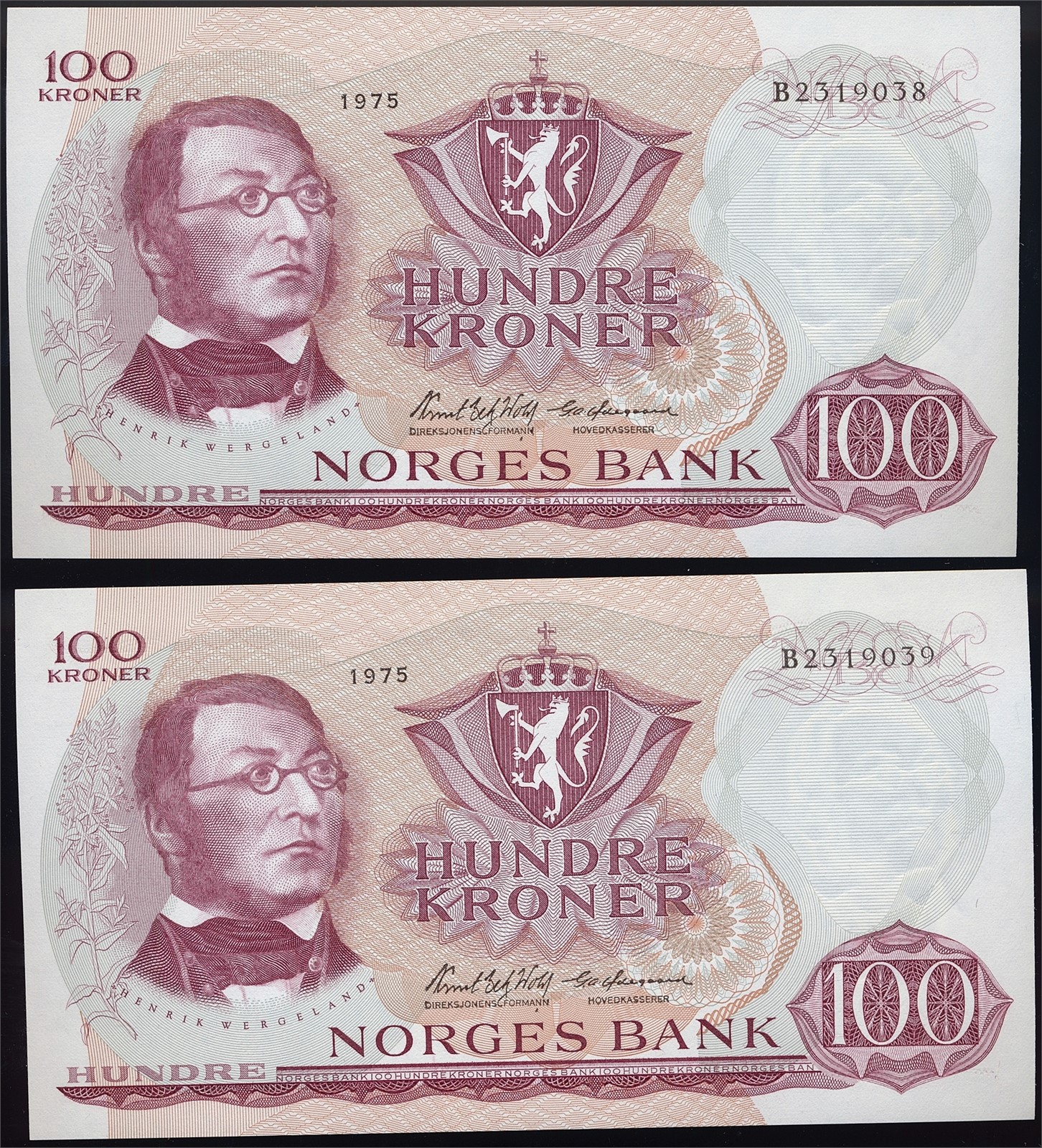 100 Kroner 1975-B. 2 Stk I Nummerrekkefølge. Kv 0 (UNC).