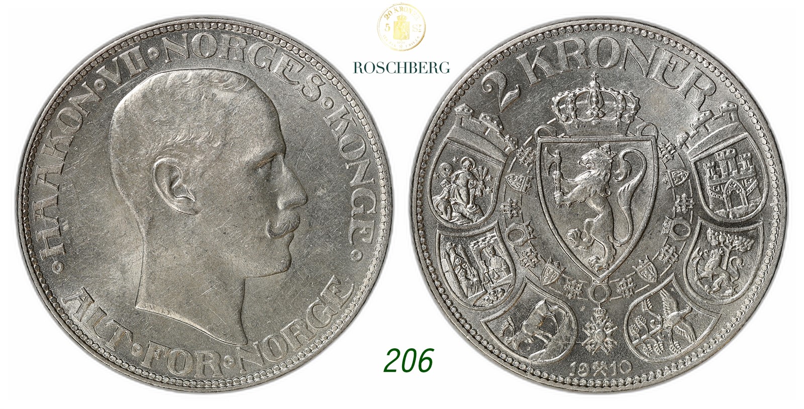 NORWAY. Haakon VII. 2 Kroner 1910.