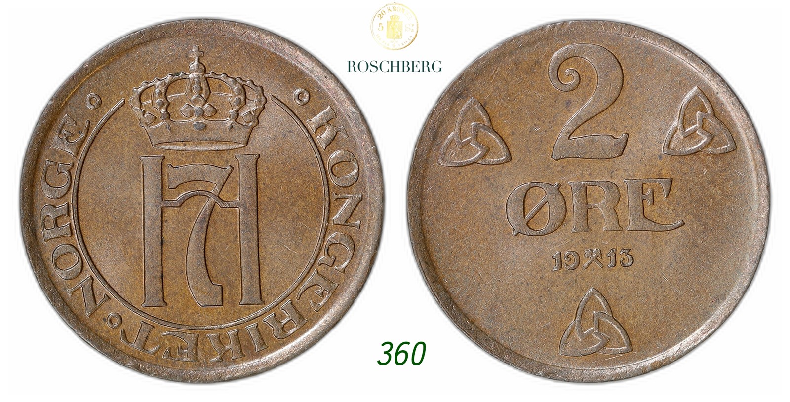 NORWAY. Haakon VII. 2 Øre 1913.