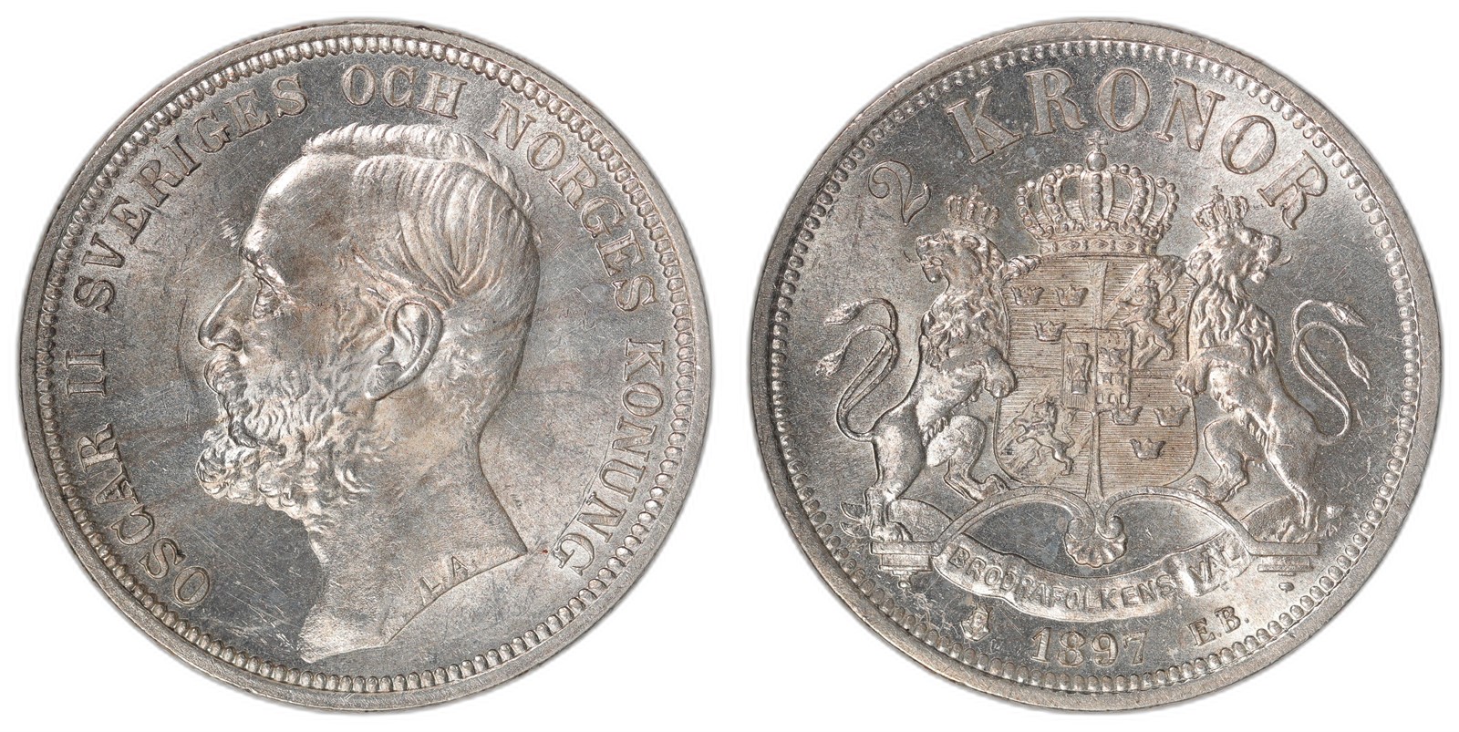 SWEDEN. Oscar II. 2 Kronor. 1897-EB. 0/01 (UNC).
