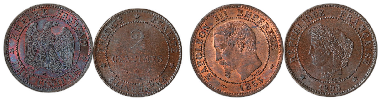 FRANCE. Second Republic. 2 Centimes. 1853-A, 1895-A. UNC.