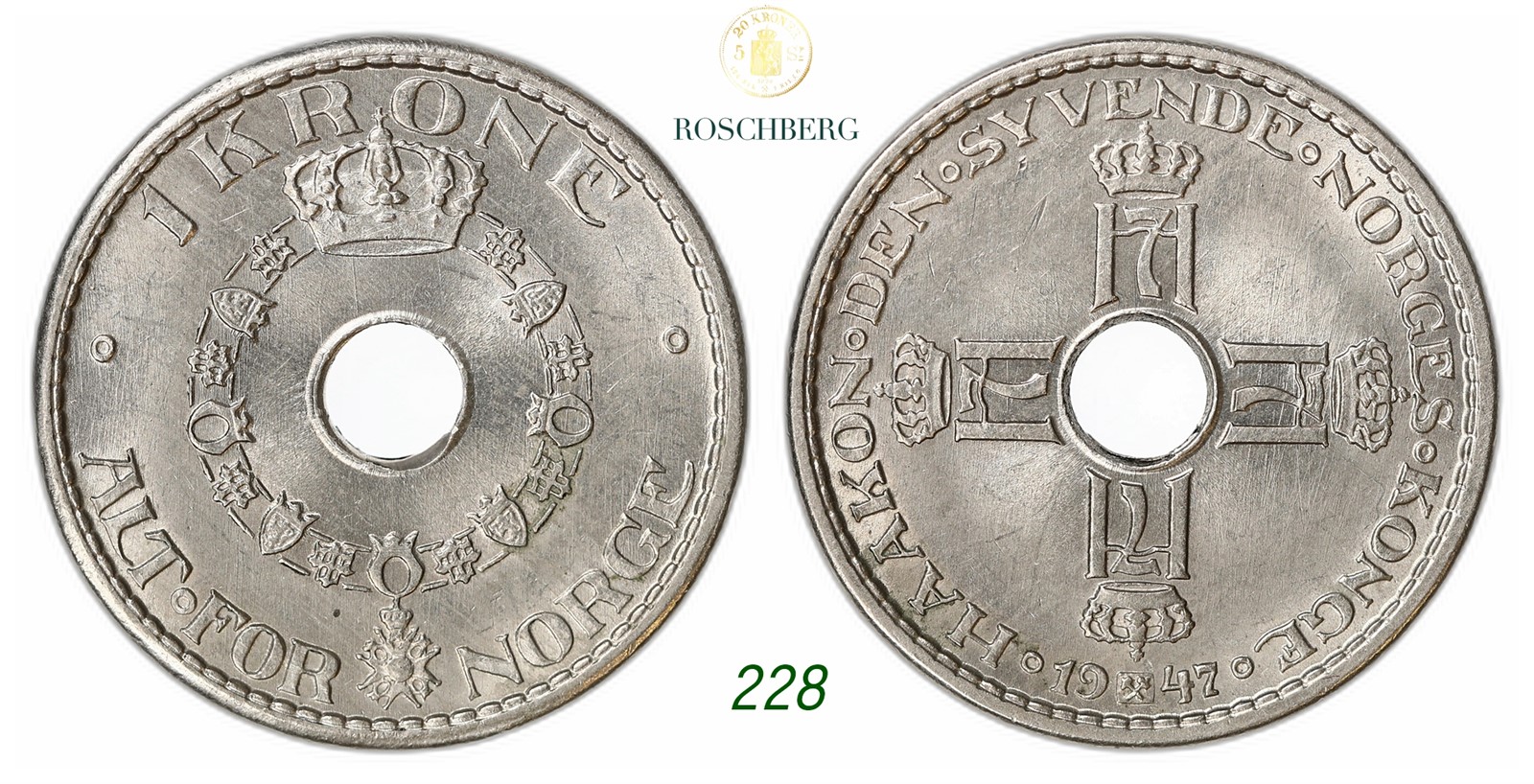 NORWAY. Haakon VII. 1 Krone 1947.