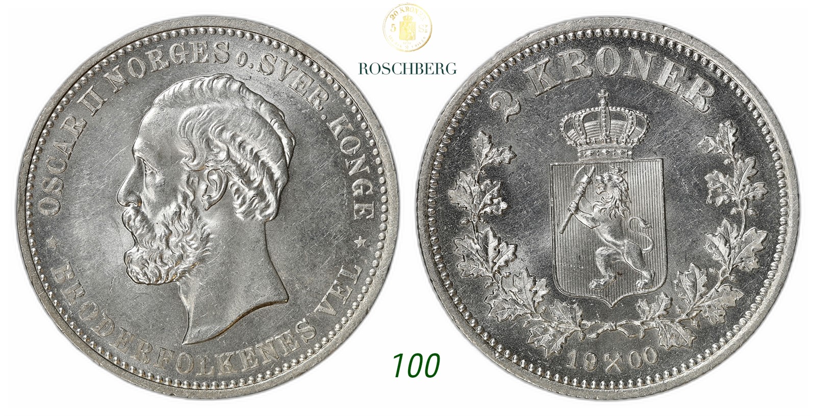NORWAY. Oscar II. 2 Kroner 1900.