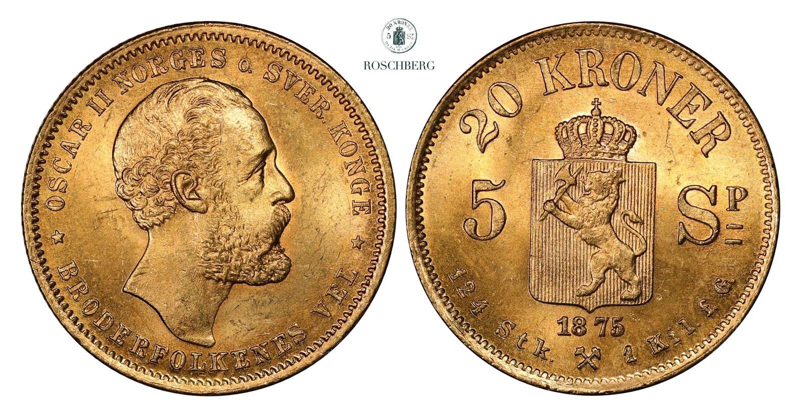 20 Kroner / 5 Sp. 1875 Kv 0/01 (UNC)