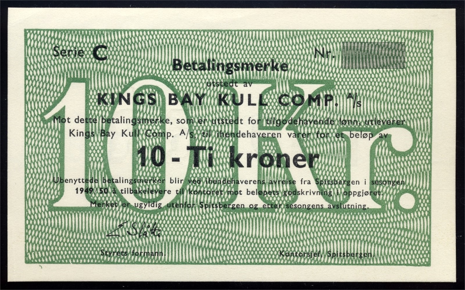 KINGS BAY. 10 Kroner 1949/50 Blankett/remainder Kv 0- (UNC)