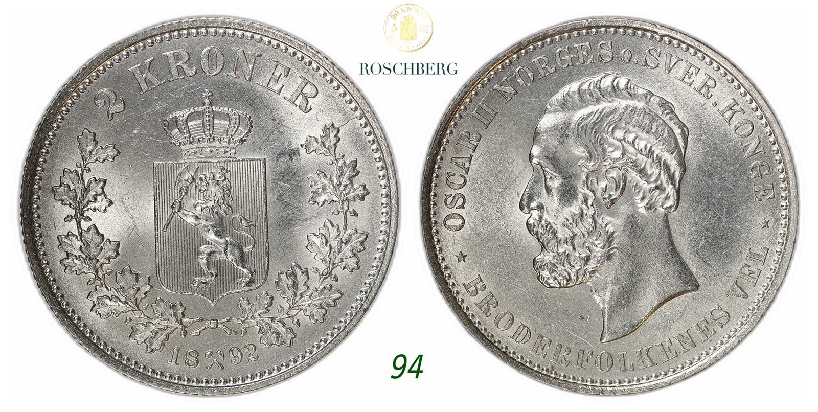 NORWAY. Oscar II. 2 Kroner 1892.