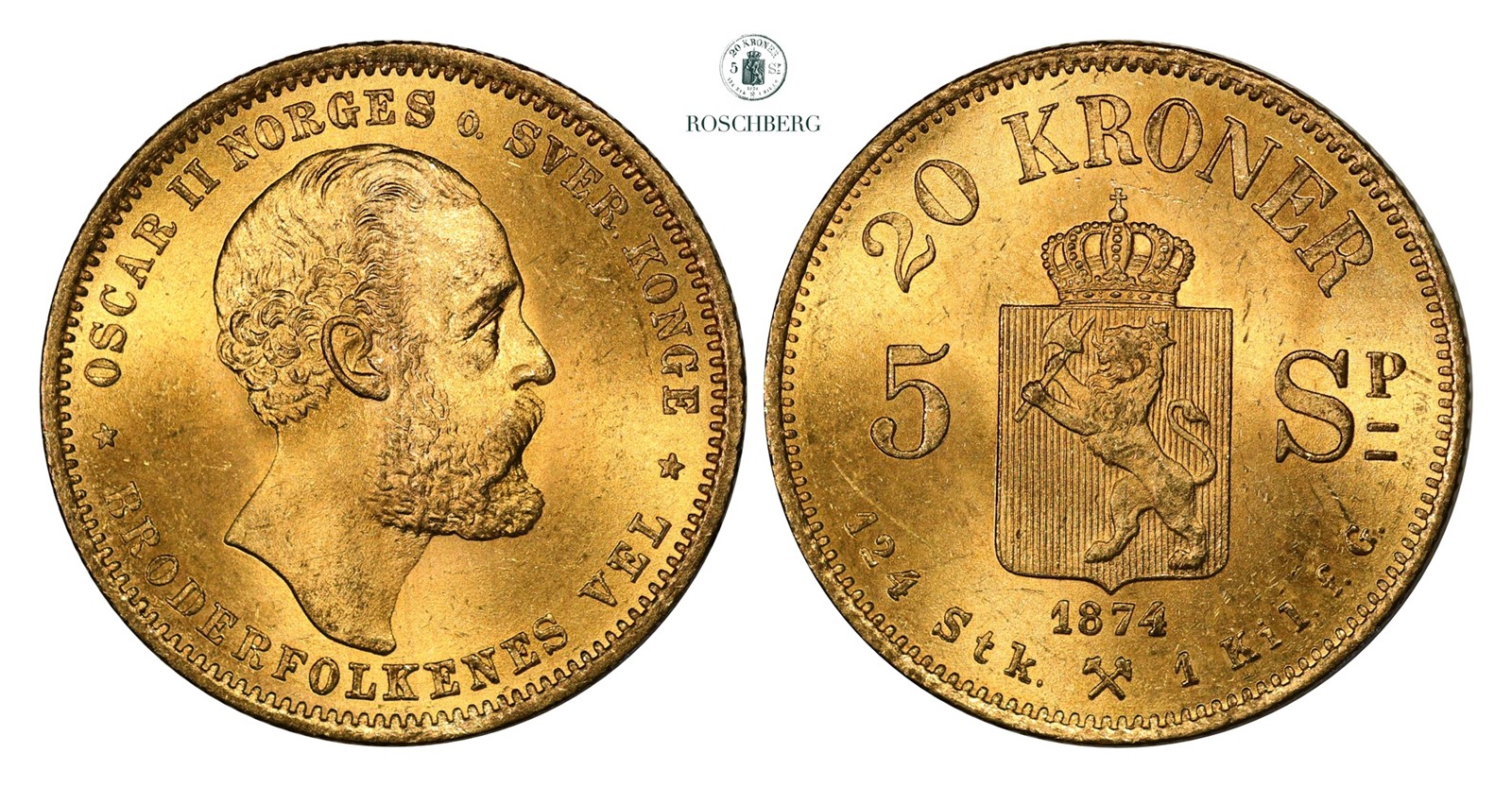 20 Kroner / 5 Sp. 1874 Kv 0/01 (UNC)