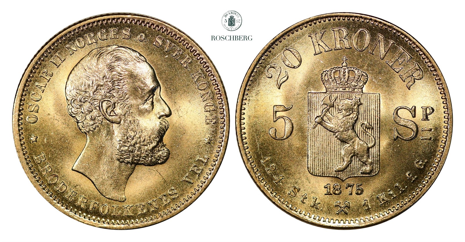 20 Kroner / 5 Sp. 1875 Kv 0 (UNC)