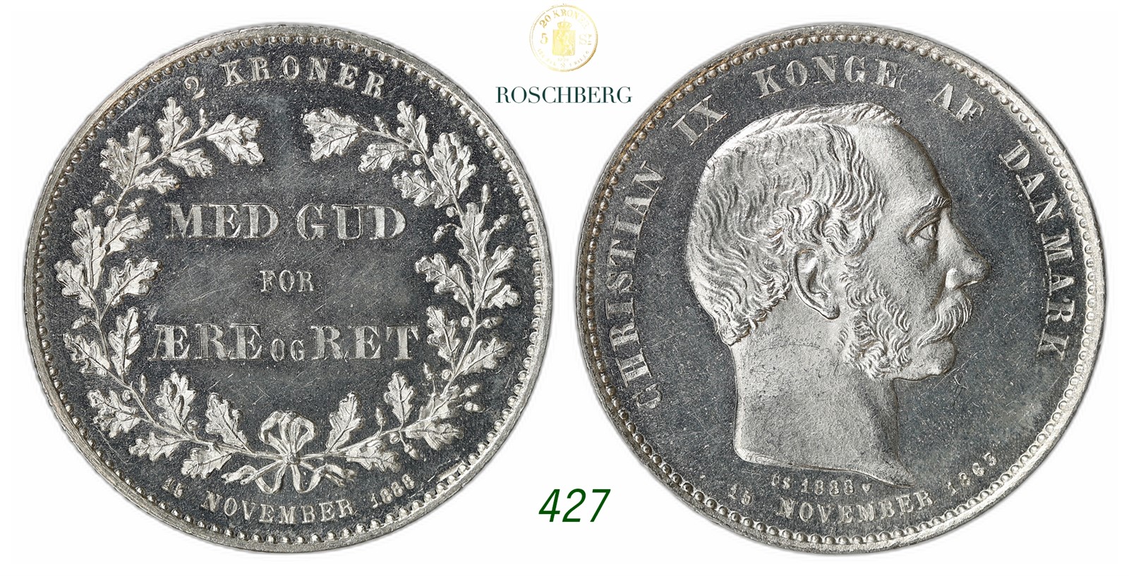 DENMARK. Christian IX. 2 Kroner 1888.