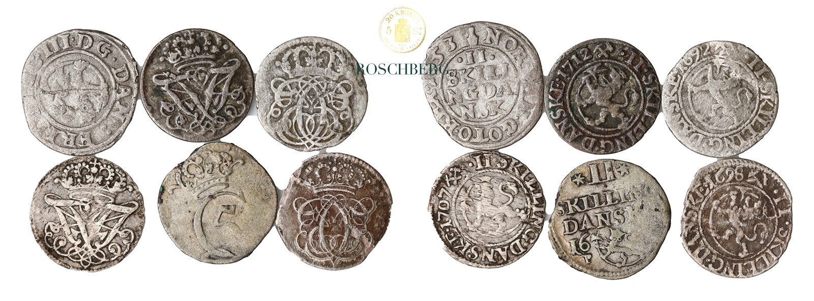 Norge 6 stk 2 Skilling 1653-1712 VK