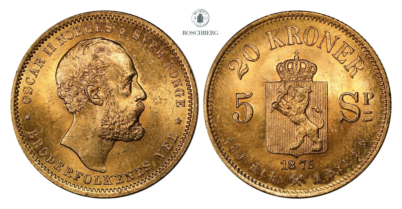 20 Kroner / 5 Sp. 1875 Kv 0/01 (UNC)