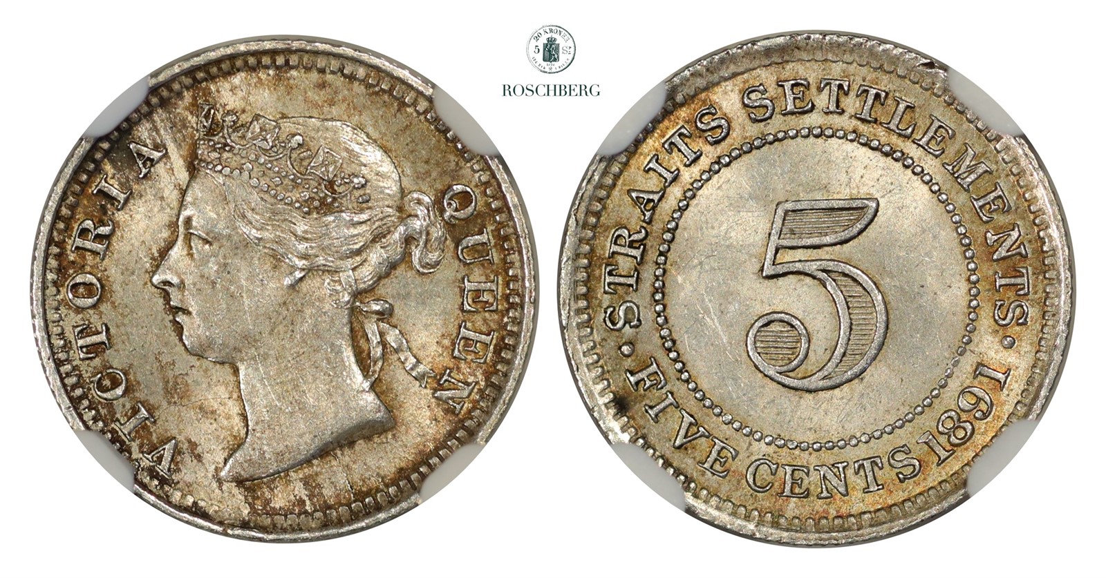 STRAITS SETTLEMENTS. 5 Cent 1891 NGC MS63