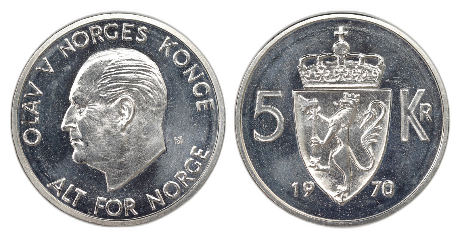 Norway. Olav V. 5 Kroner 1970. Kv PROOFLIKE.