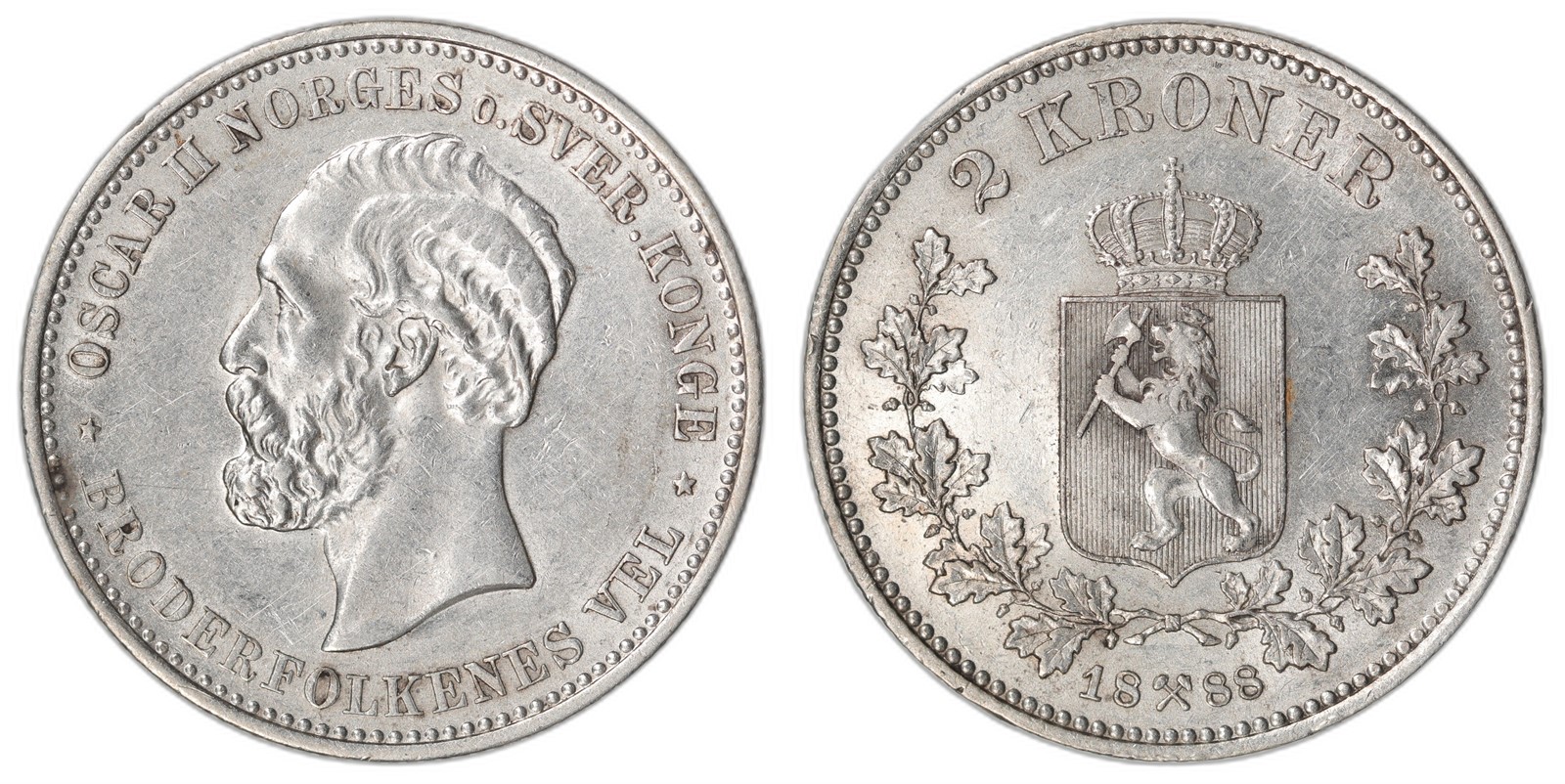 NORWAY. Oscar II. 2 Kroner 1888. Kv 01 (AU).