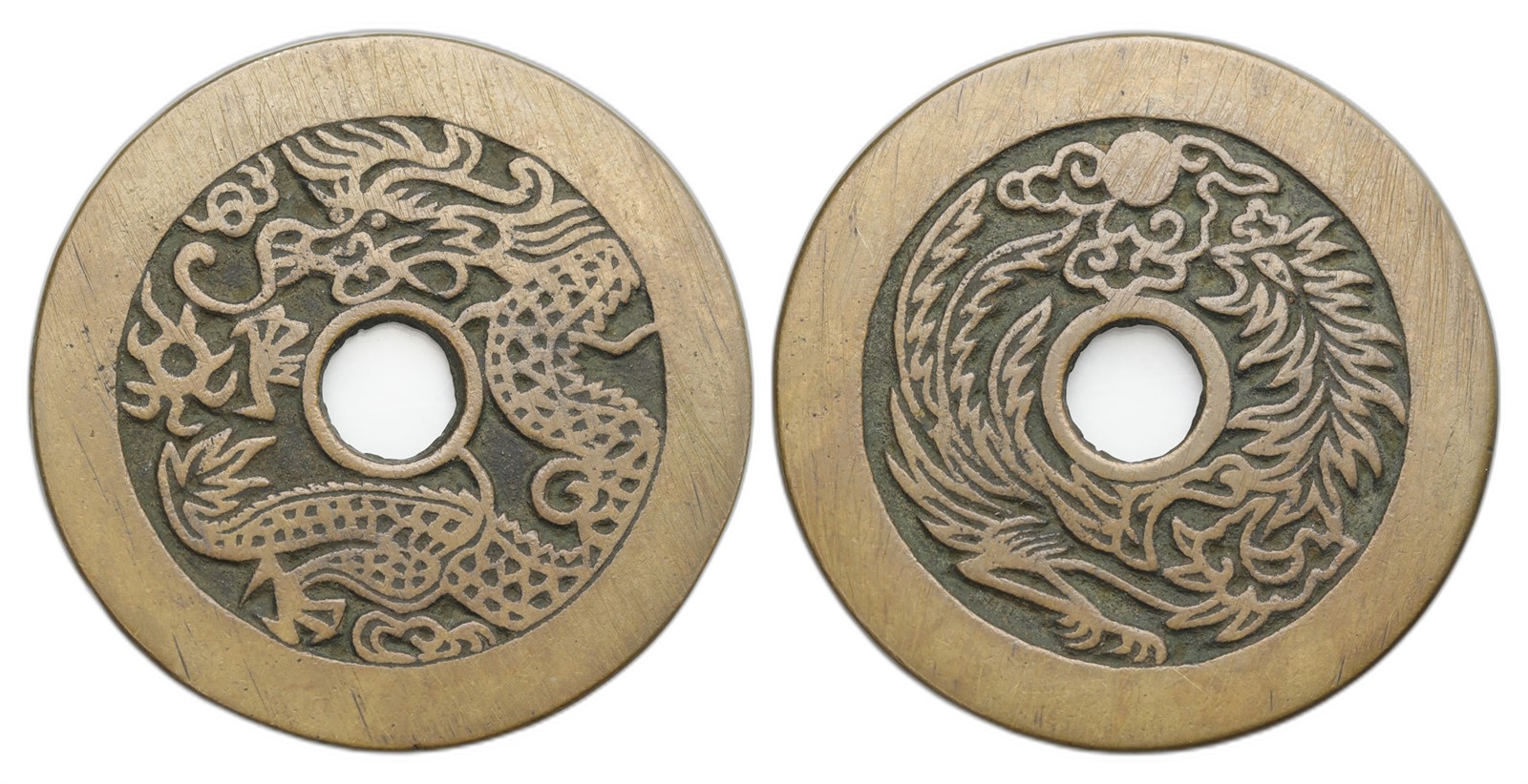 China. Qing Dynasty. AE Charm Dragon and Phoenix. Kv AU.