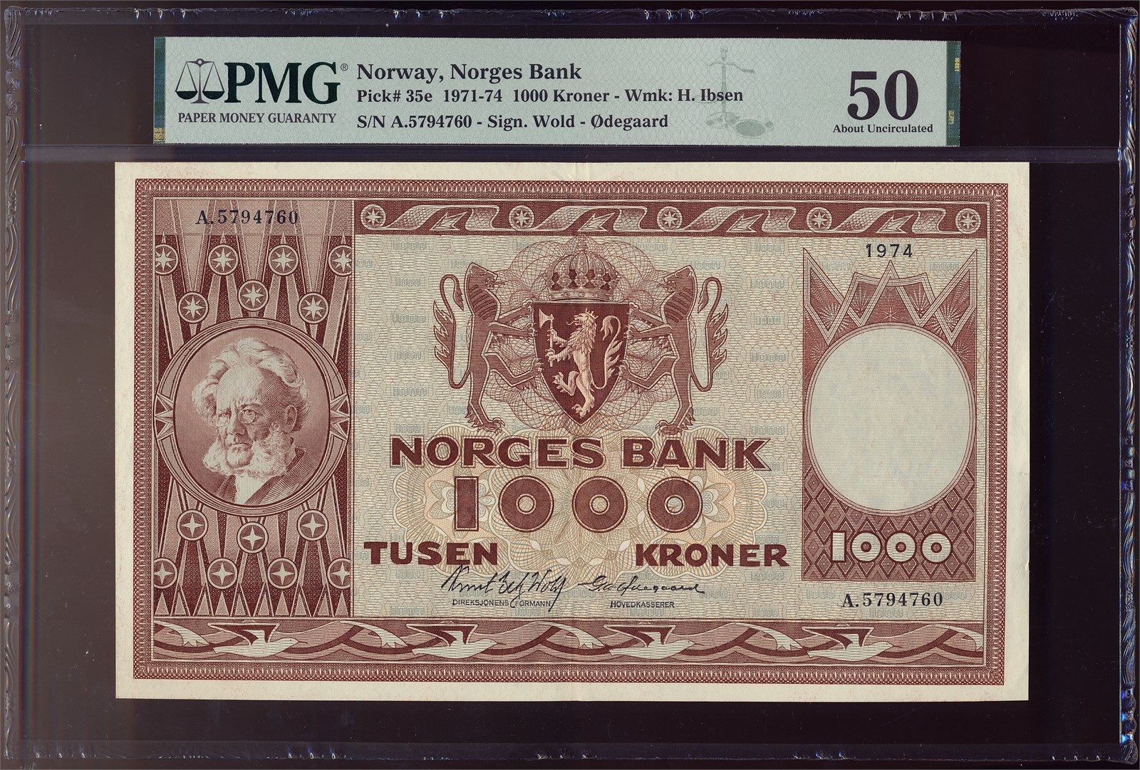 1000 Kroner 1974-A. PMG 50.