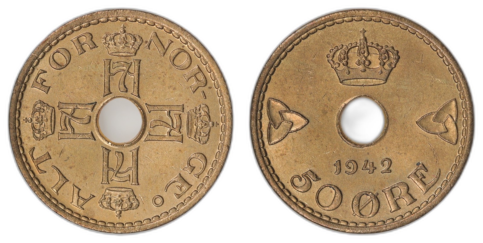NORWAY. Haakon VII. 50 Øre 1942 London. Kv 0/01 (UNC).