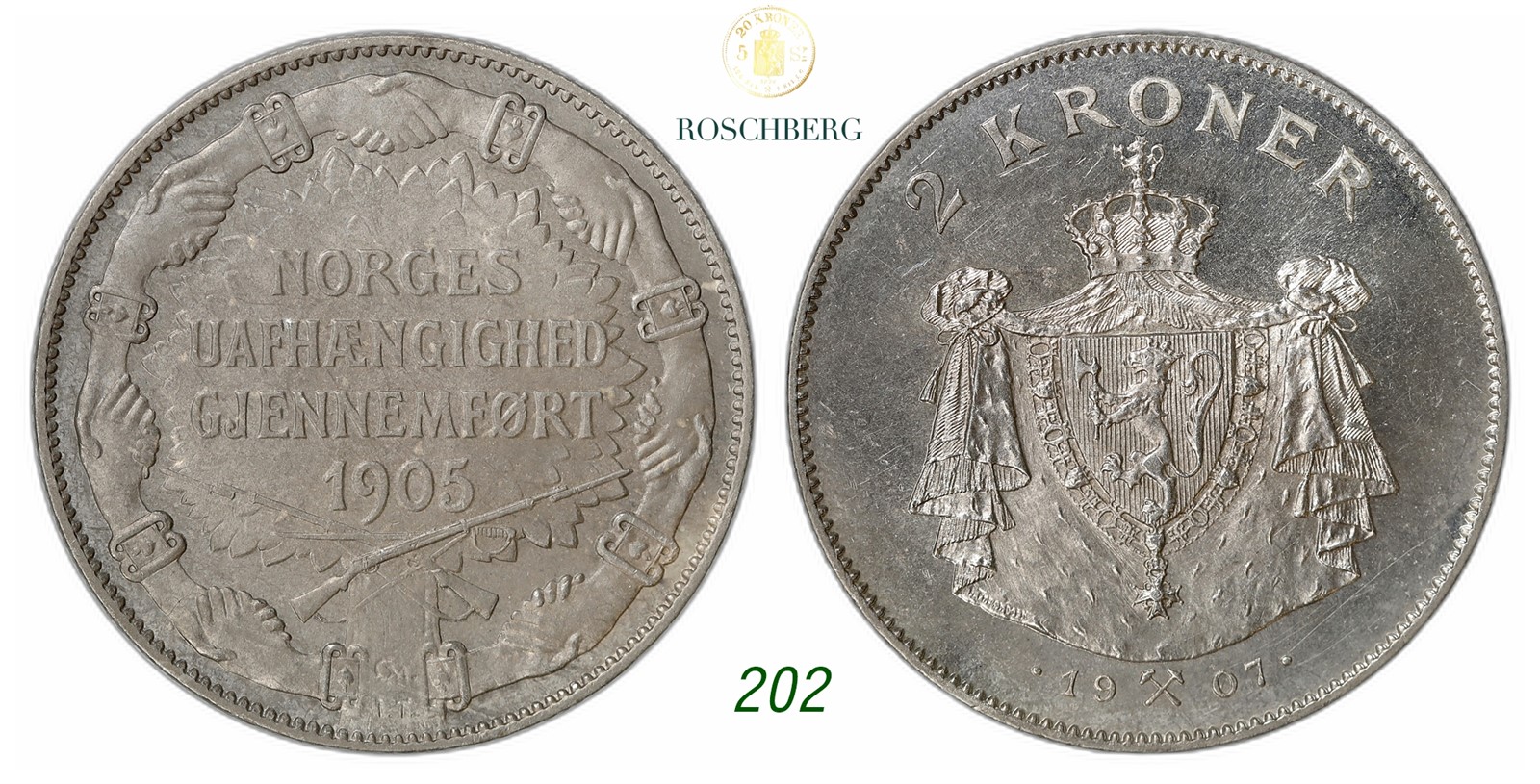 NORWAY. Haakon VII. 2 Kroner 1907.