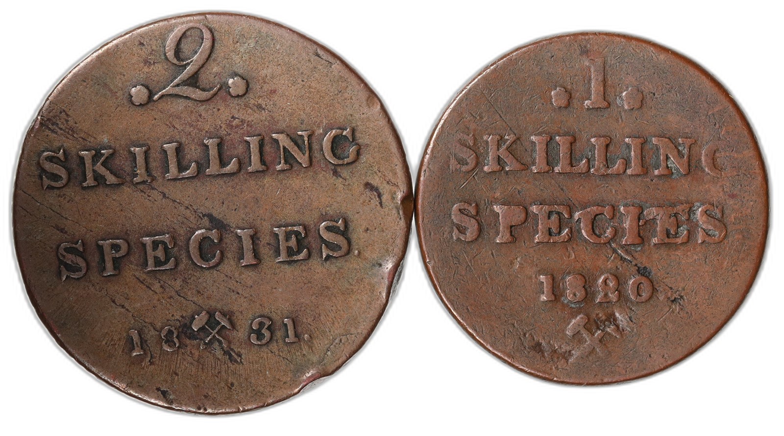 NORWAY. Carl XIV Johan. 1 Skilling. 1816, 1820 & 2 Skilling 1831. Kv 1 (VF).