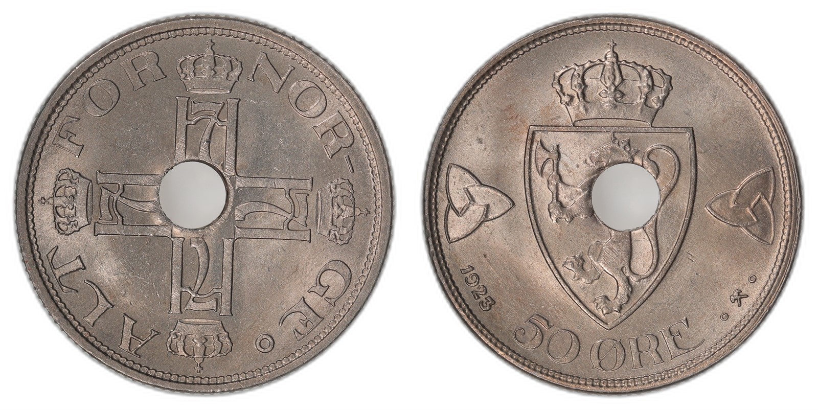 NORWAY. Haakon VII. 50 Øre 1923. Med Hull Kv 0 (UNC).