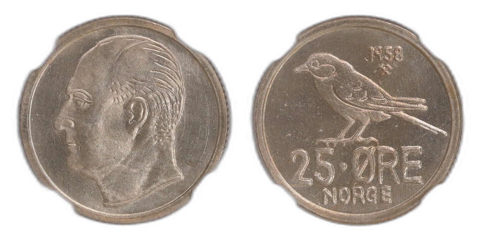 Norway. Olav V. 25 Øre 1958. Kv NGC MS66 PRAKTEX.