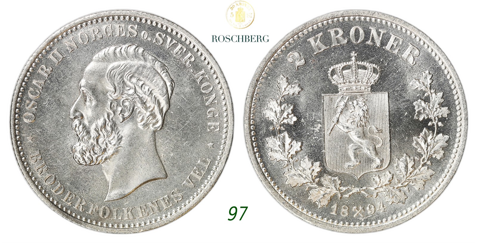 NORWAY. Oscar II. 2 Kroner 1894.