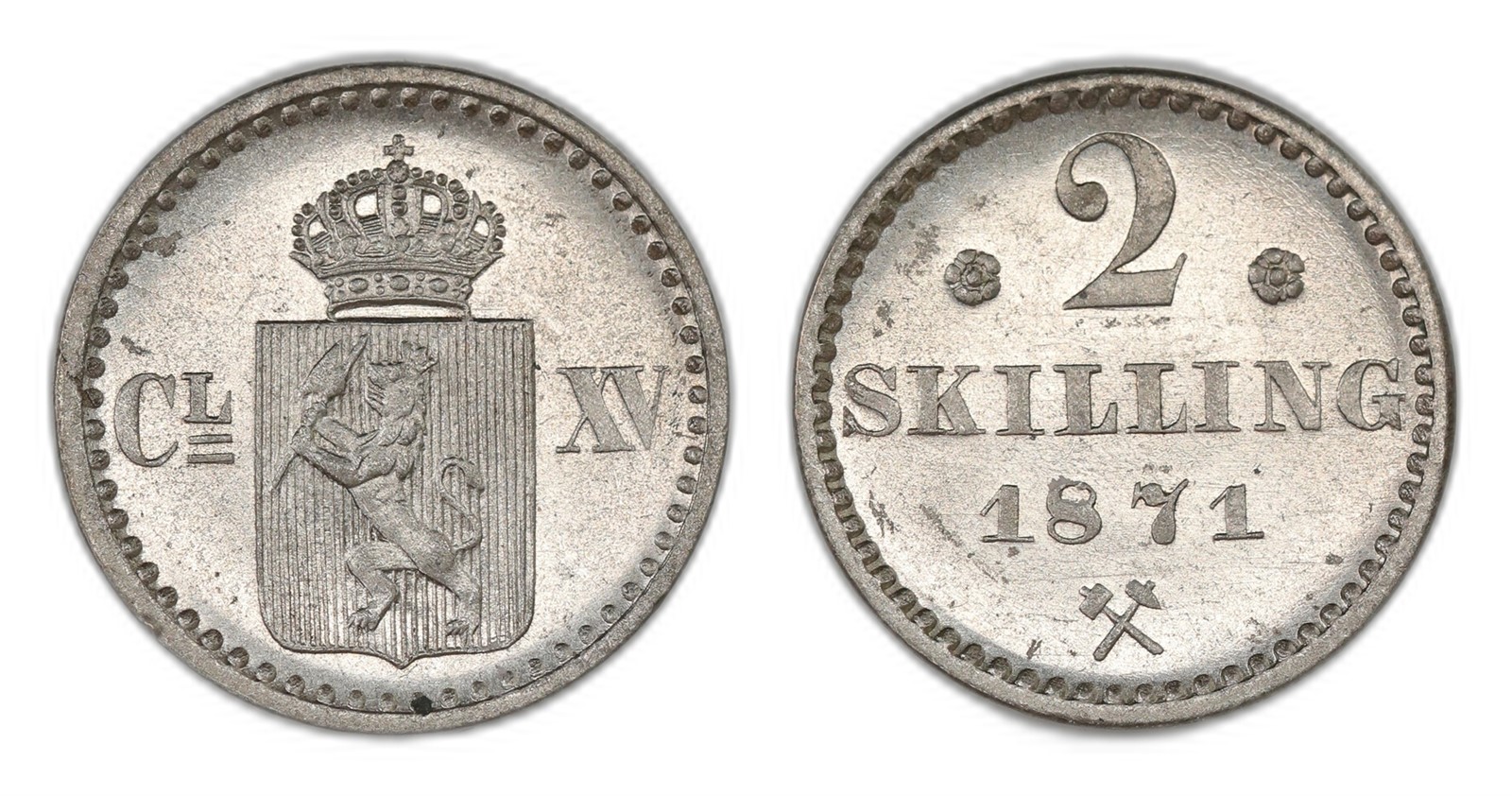 Norway. Carl XV. 2 Skilling 1871- Rosettes. Kv PRAKTEX.