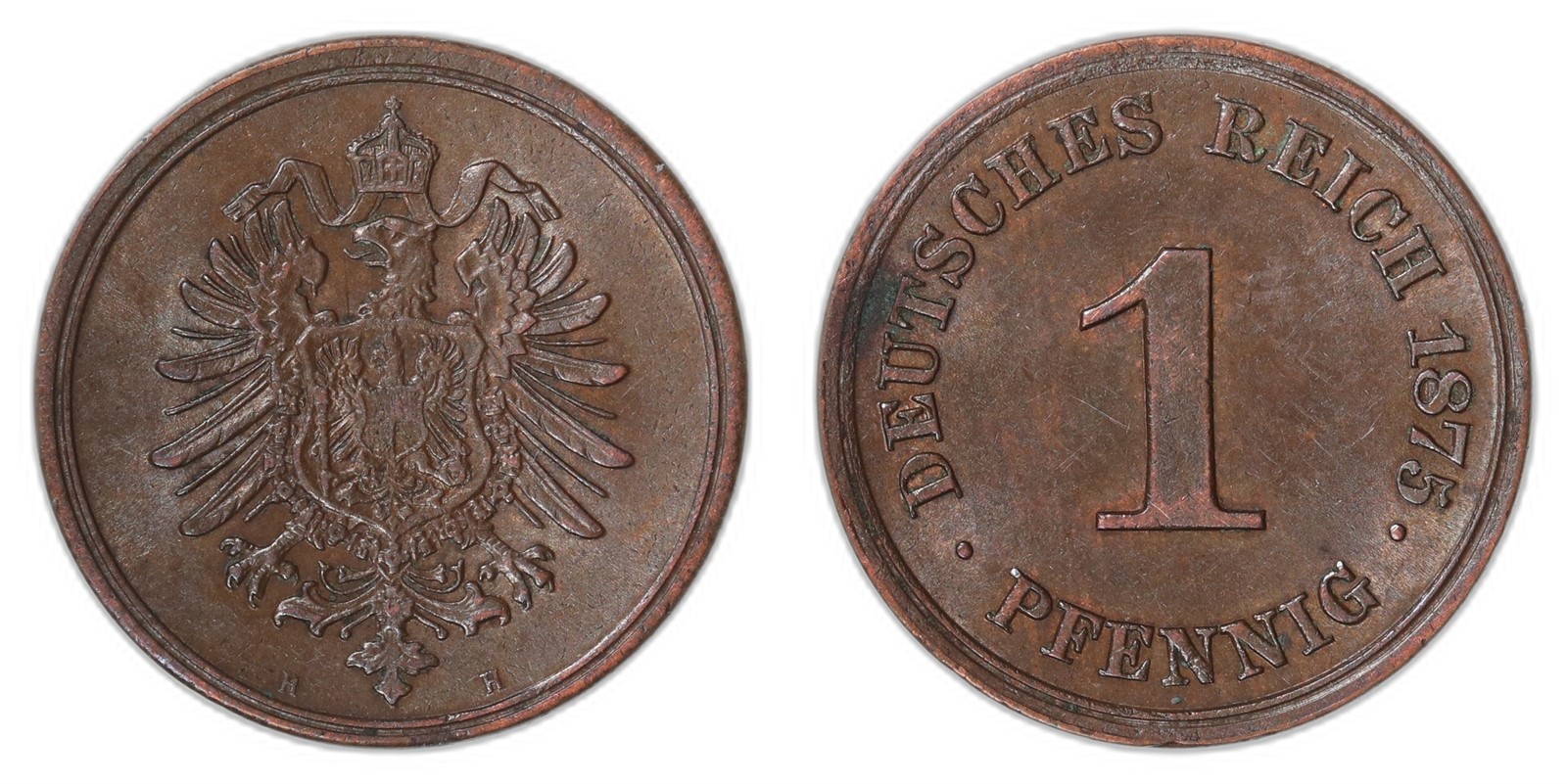 GERMANY, Empire. Wilhelm II. 1 Pfennig. 1875-H. AU.
