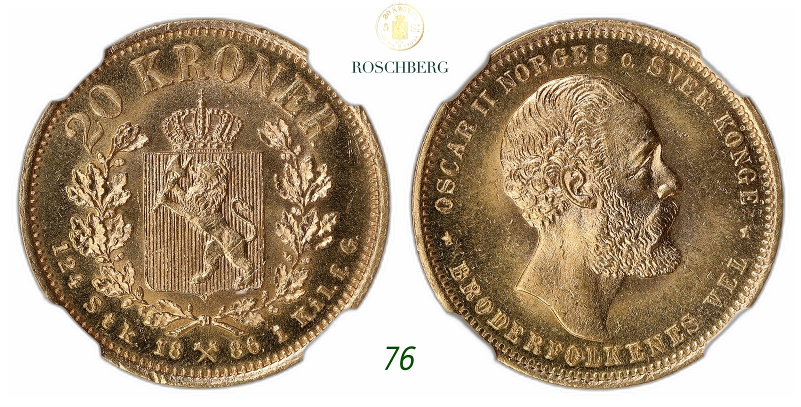 NORWAY. Oscar II. 20 Kroner Gold 1886.