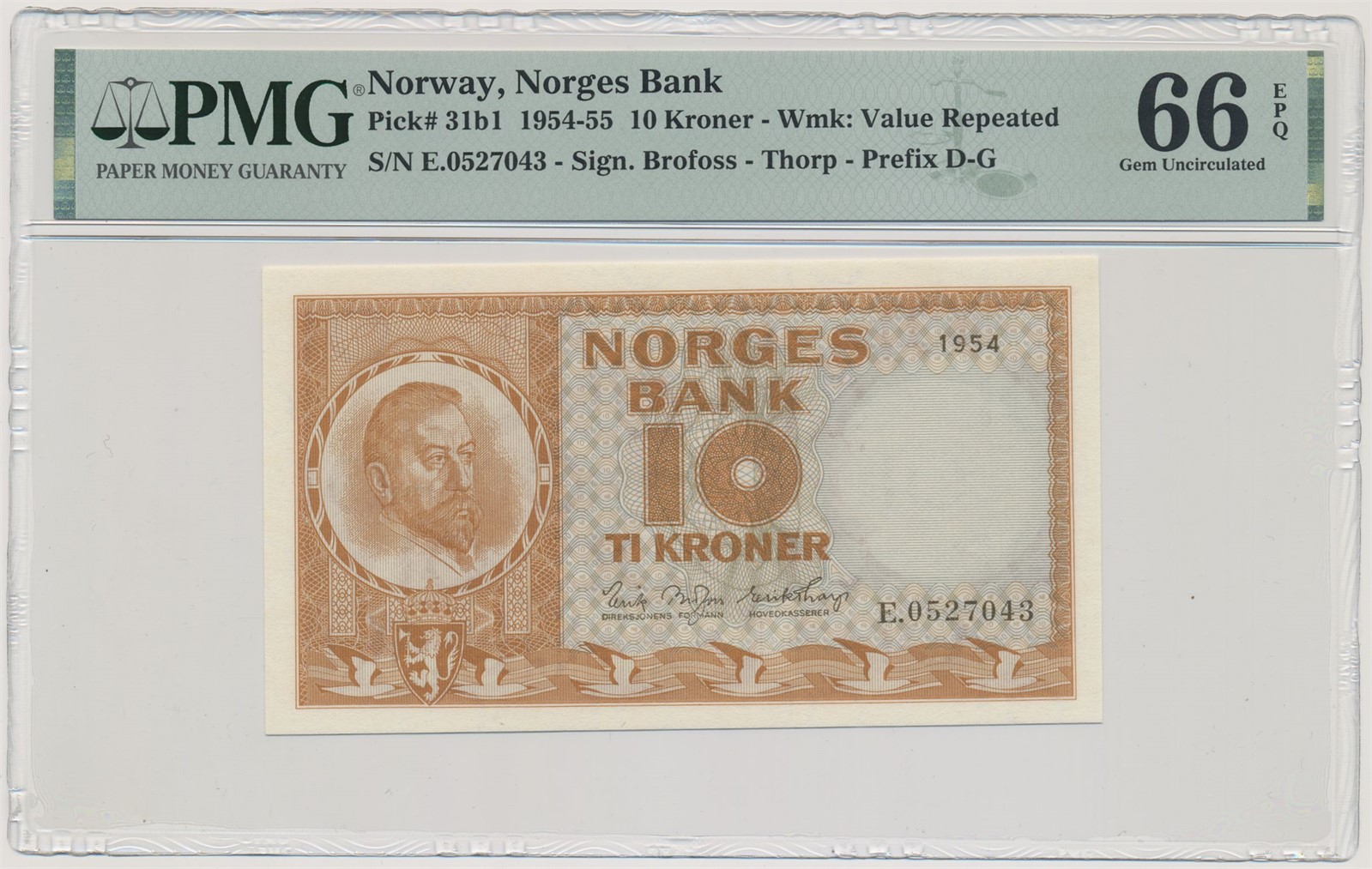 10 Kroner 1954 E PMG 66 EPQ