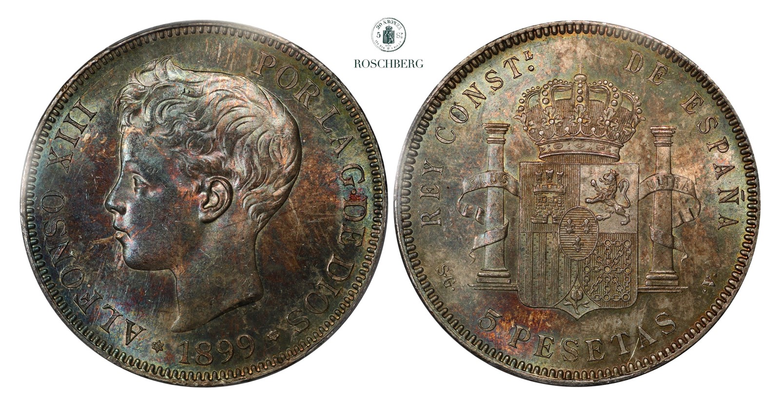 SPAIN. 5 Pesetas 1899-SG V PCGS MS64