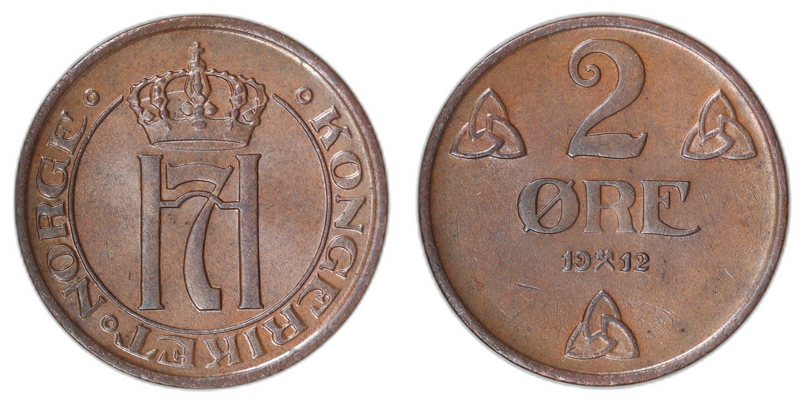 NORWAY. Haakon VII. 2 Øre 1912. Kv 0/01 (UNC).
