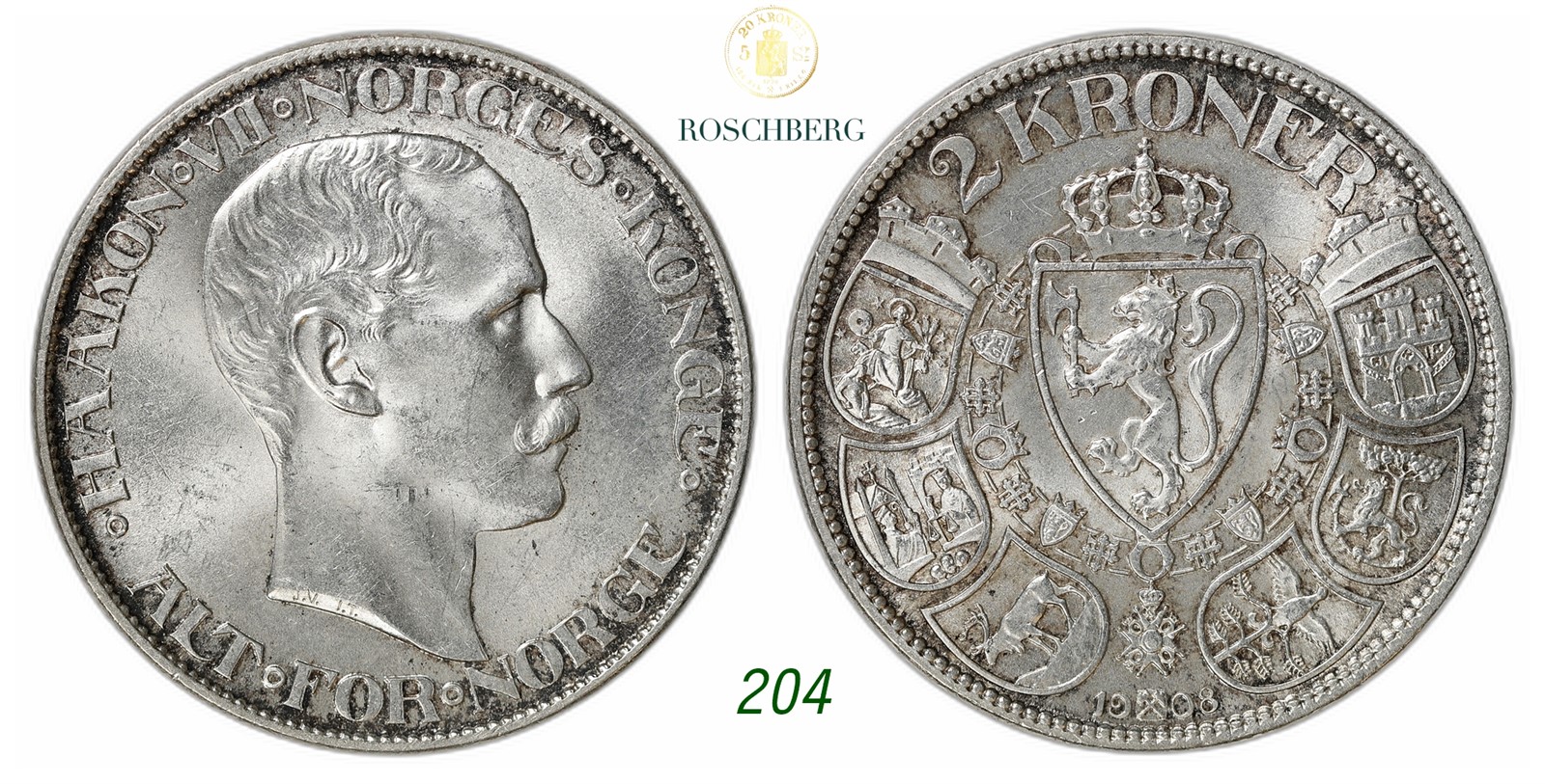 NORWAY. Haakon VII. 2 Kroner 1908.