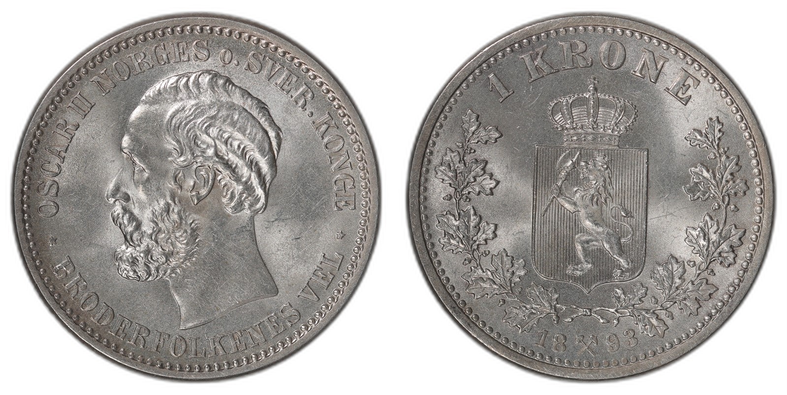 NORWAY. Oscar II. 1 Krone 1893. Kv 0 (UNC).