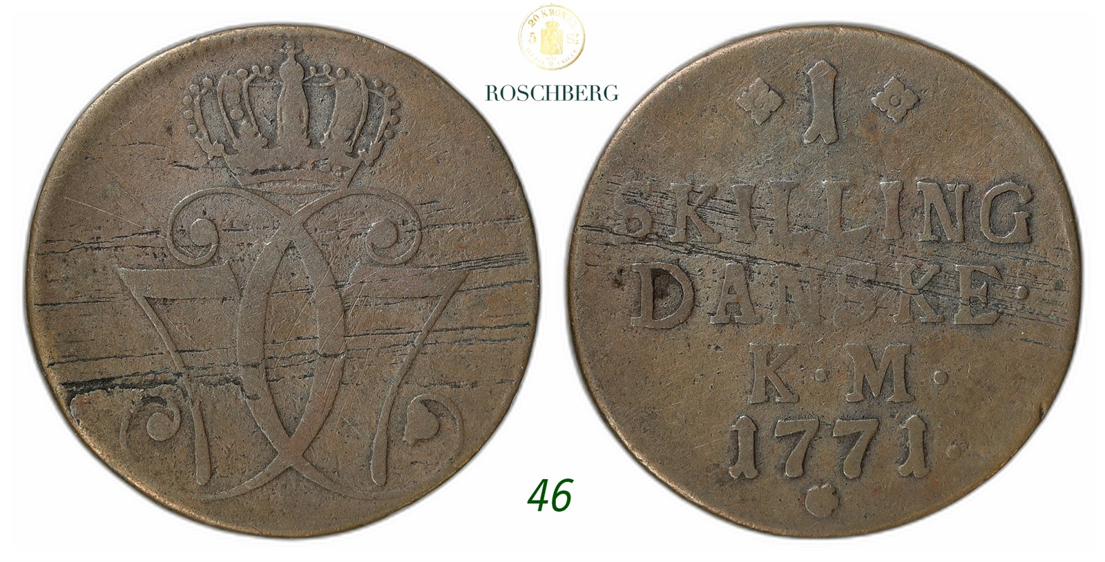 NORWAY. Christian VII. 1 Skilling 1771-Kongsberg.