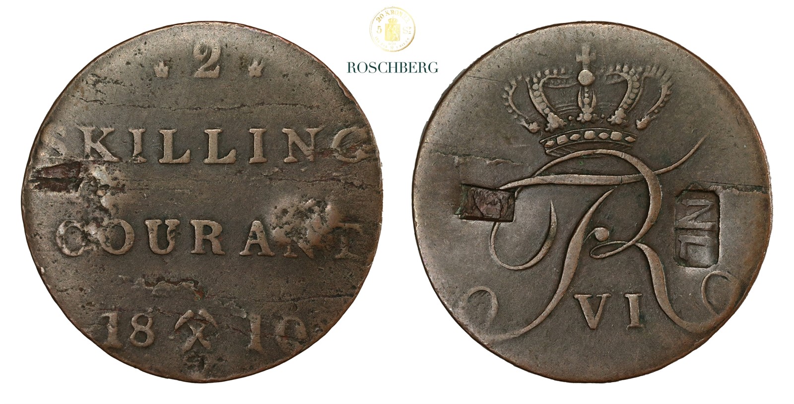 2 Skilling 1810 med Kontramerke NL og monogram